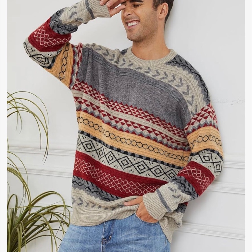 Sweater Multicolored Geometric Over Striped Fair Isle Ribbed Men’s Size Small